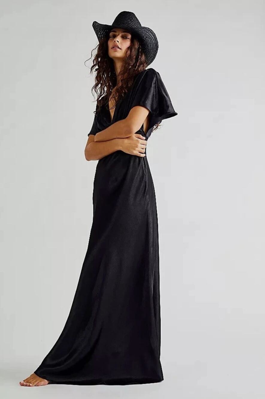 FREE PEOPLE Beatrice Satin Plunge Maxi Dress Black Sz 0 $248 {3P1}